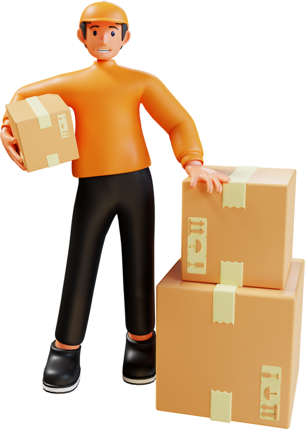 3d render orange courier with box package